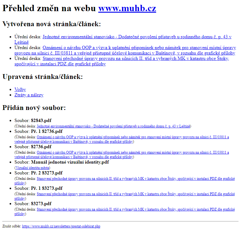 Přehled změn na webu www.muhb.cz