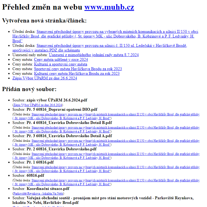 Přehled změn na webu www.muhb.cz