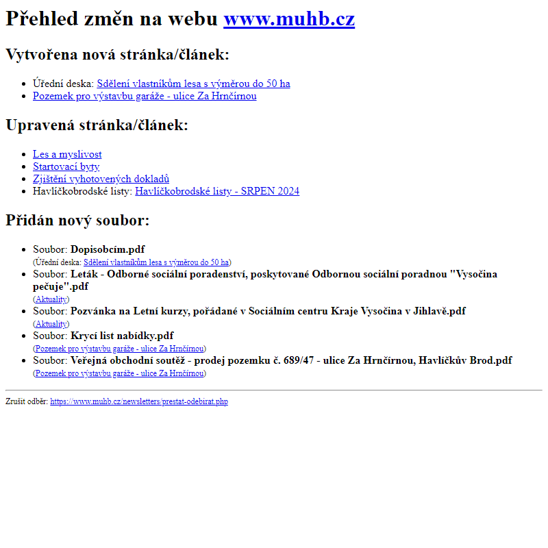 Přehled změn na webu www.muhb.cz