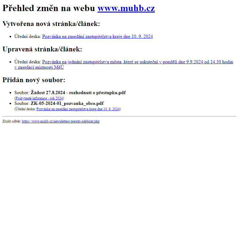 Přehled změn na webu www.muhb.cz