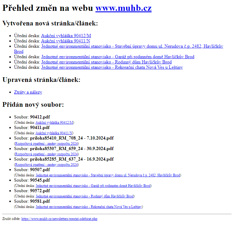 Přehled změn na webu www.muhb.cz