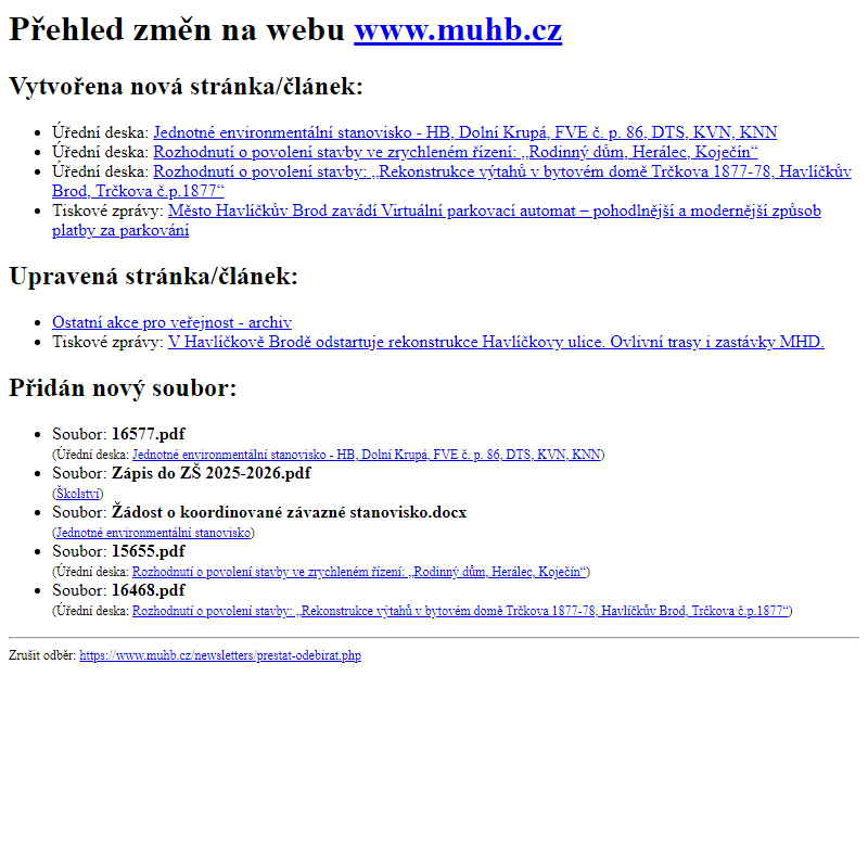 Přehled změn na webu www.muhb.cz