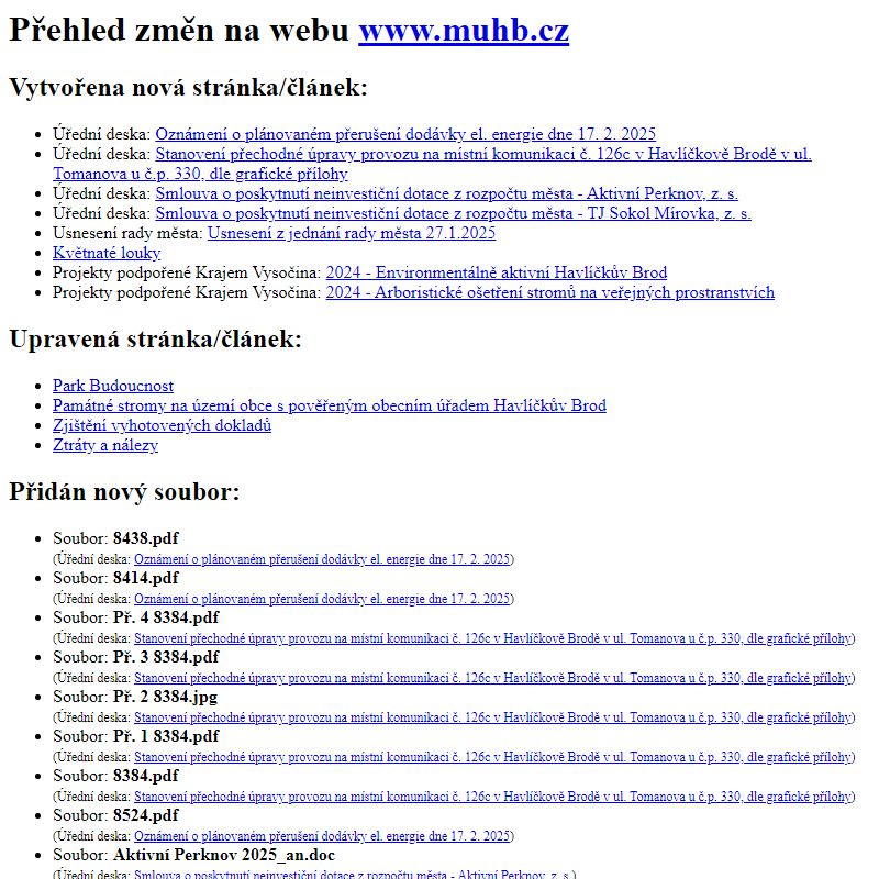 Přehled změn na webu www.muhb.cz