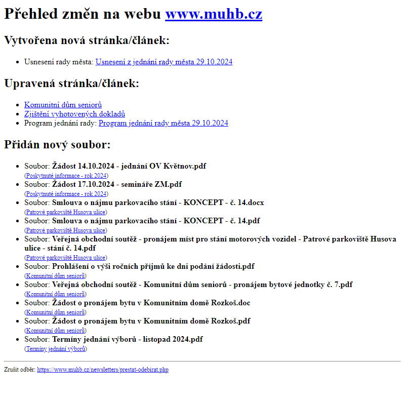 Přehled změn na webu www.muhb.cz