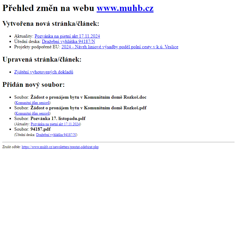 Přehled změn na webu www.muhb.cz