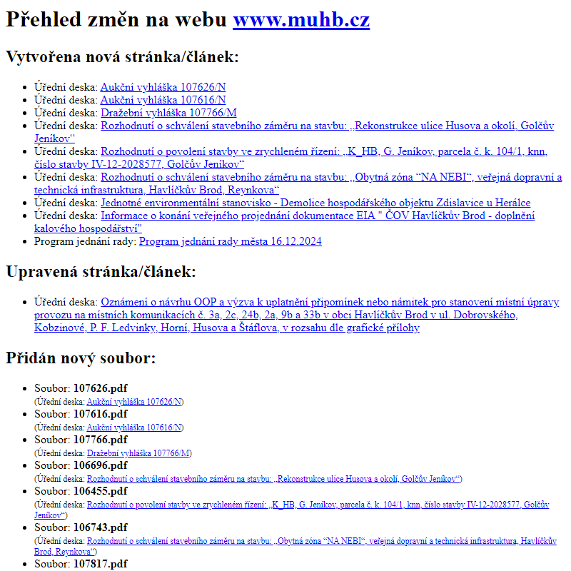 Přehled změn na webu www.muhb.cz