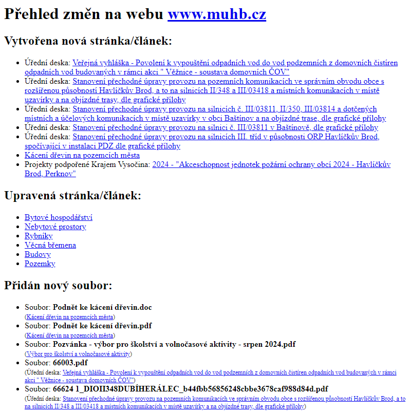 Přehled změn na webu www.muhb.cz