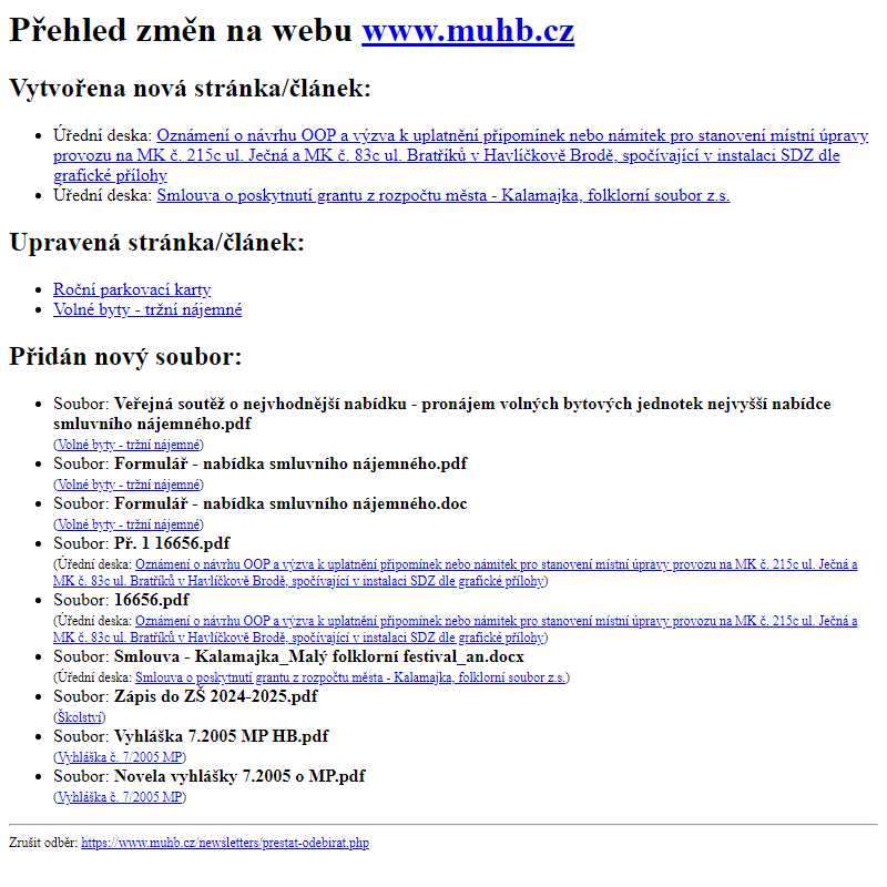 Přehled změn na webu www.muhb.cz