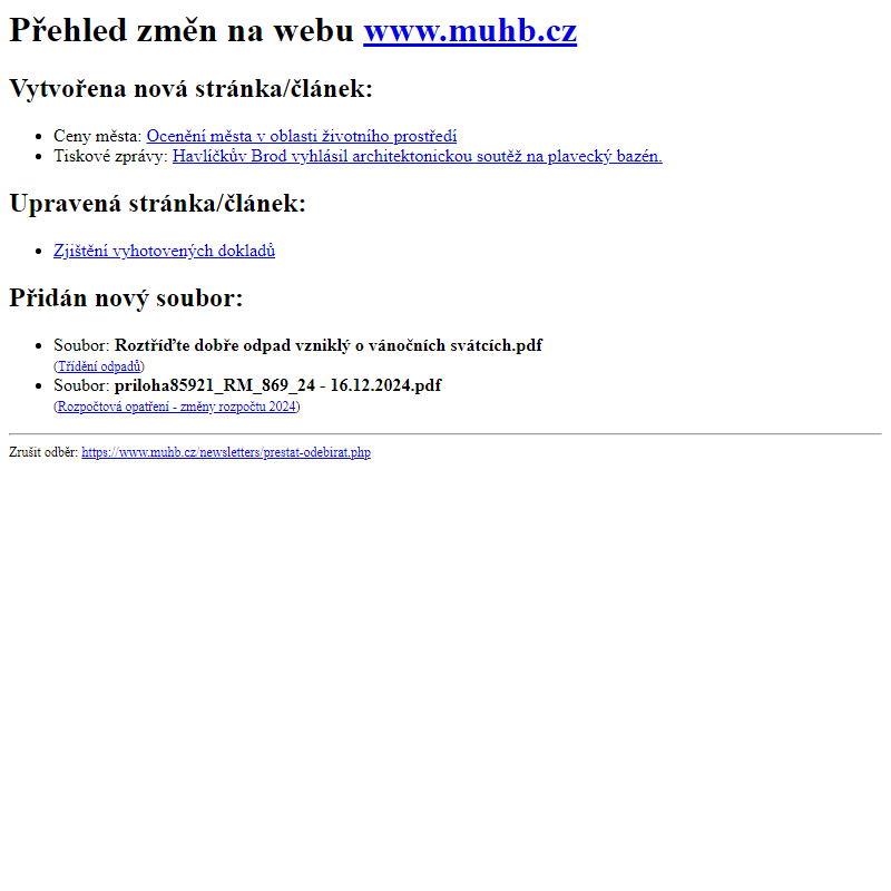 Přehled změn na webu www.muhb.cz