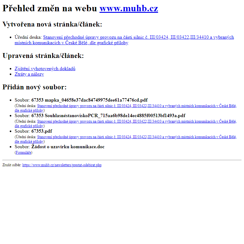 Přehled změn na webu www.muhb.cz