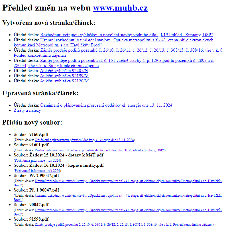 Přehled změn na webu www.muhb.cz