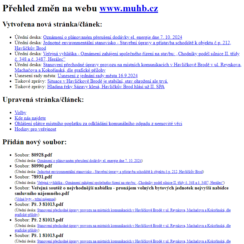 Přehled změn na webu www.muhb.cz