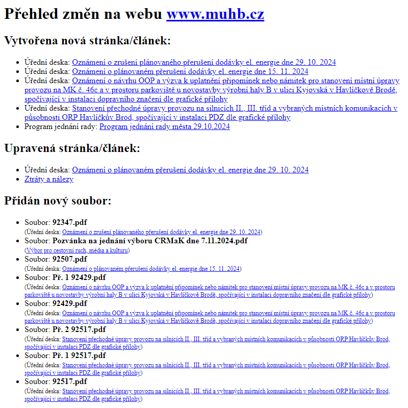 Přehled změn na webu www.muhb.cz