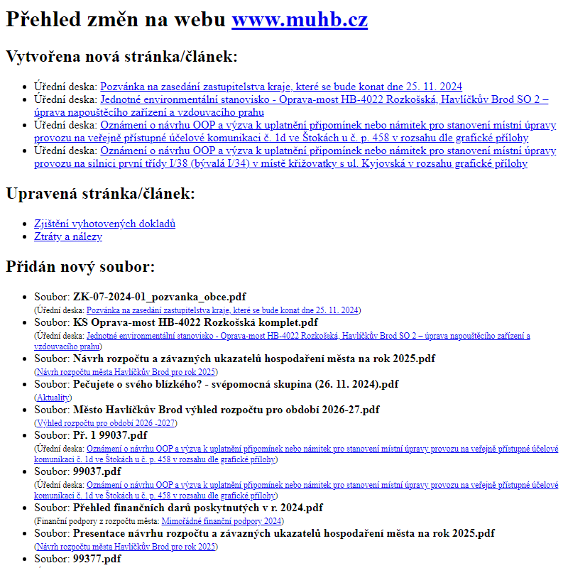 Přehled změn na webu www.muhb.cz