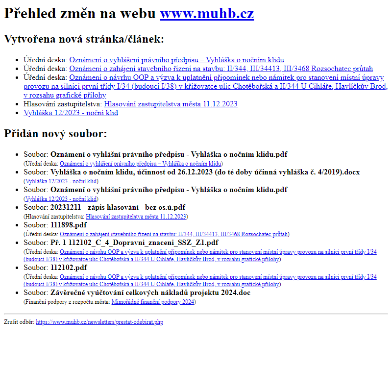 Přehled změn na webu www.muhb.cz