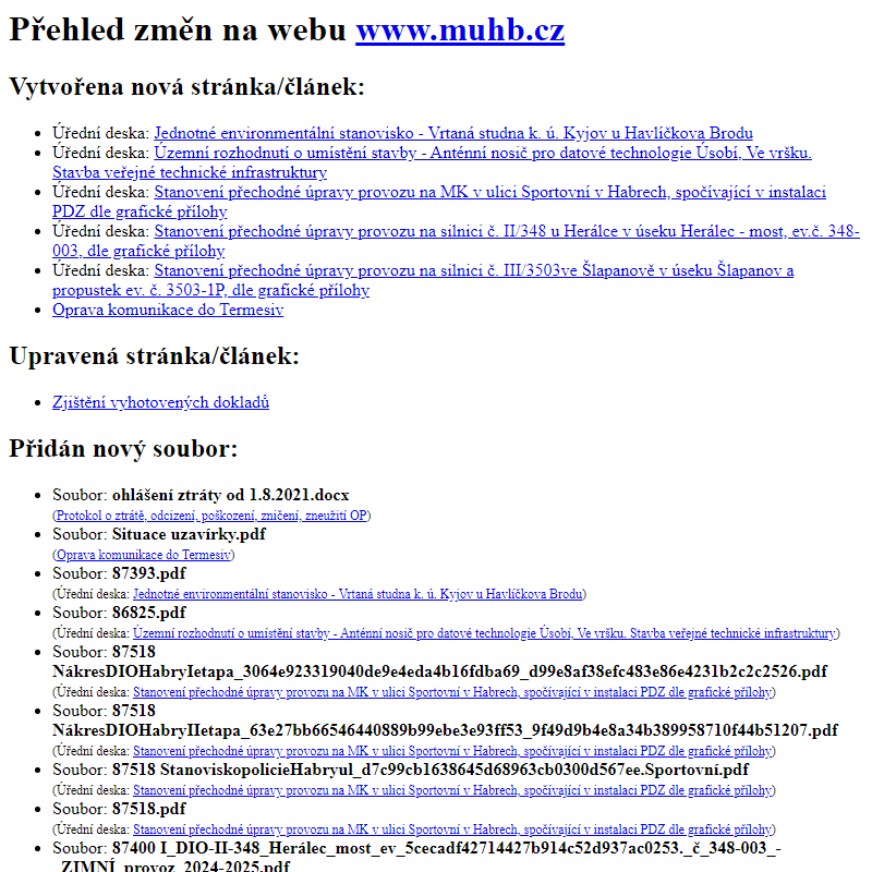 Přehled změn na webu www.muhb.cz