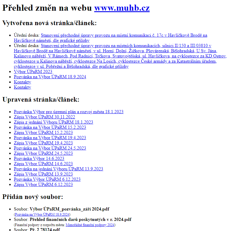 Přehled změn na webu www.muhb.cz