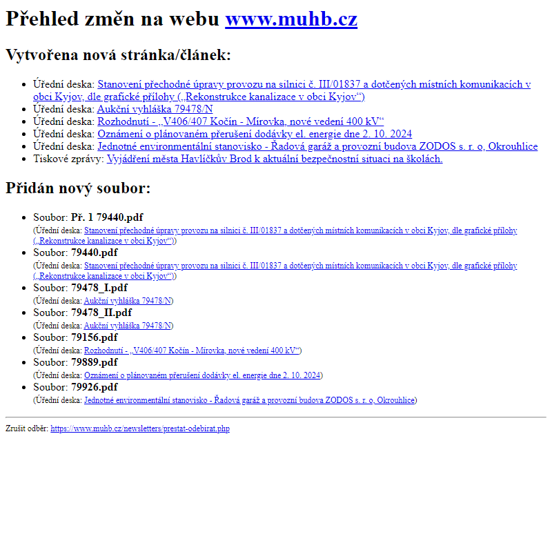 Přehled změn na webu www.muhb.cz