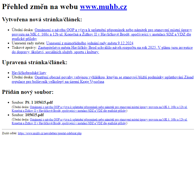 Přehled změn na webu www.muhb.cz