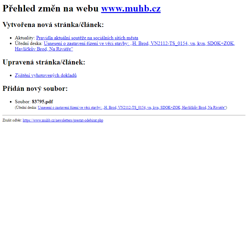 Přehled změn na webu www.muhb.cz