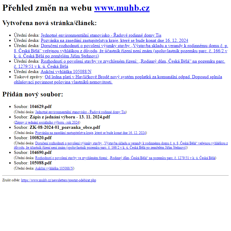 Přehled změn na webu www.muhb.cz