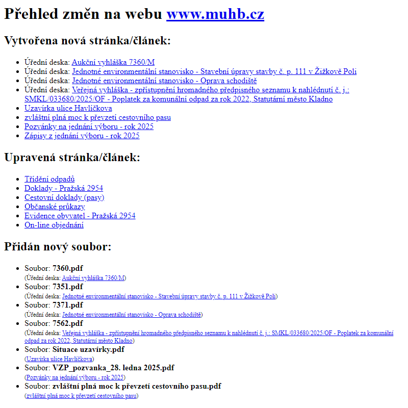 Přehled změn na webu www.muhb.cz