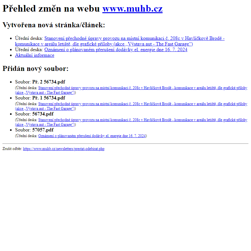 Přehled změn na webu www.muhb.cz