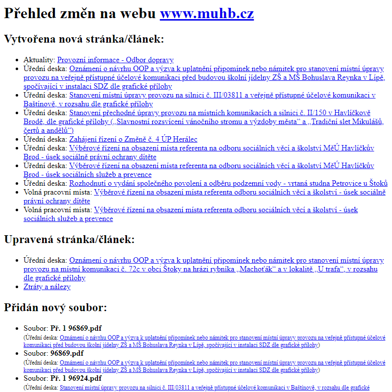 Přehled změn na webu www.muhb.cz