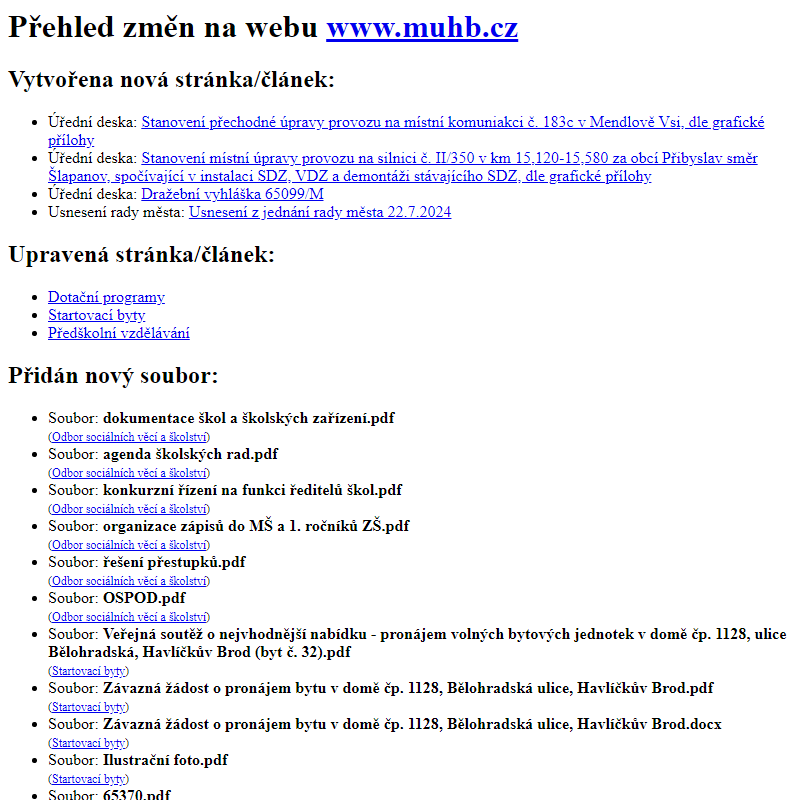 Přehled změn na webu www.muhb.cz