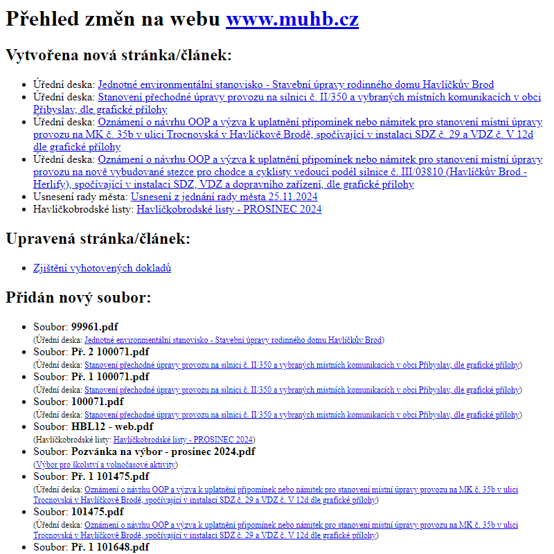 Přehled změn na webu www.muhb.cz