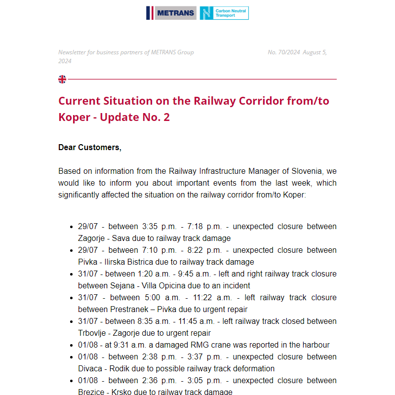 Newsletter for business partners of METRANS Group,  No. 70/2024, August 5, 2024