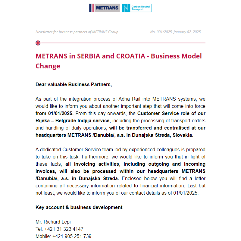 Newsletter for business partners of METRANS Group,  No. 001/2025, January 02, 2024