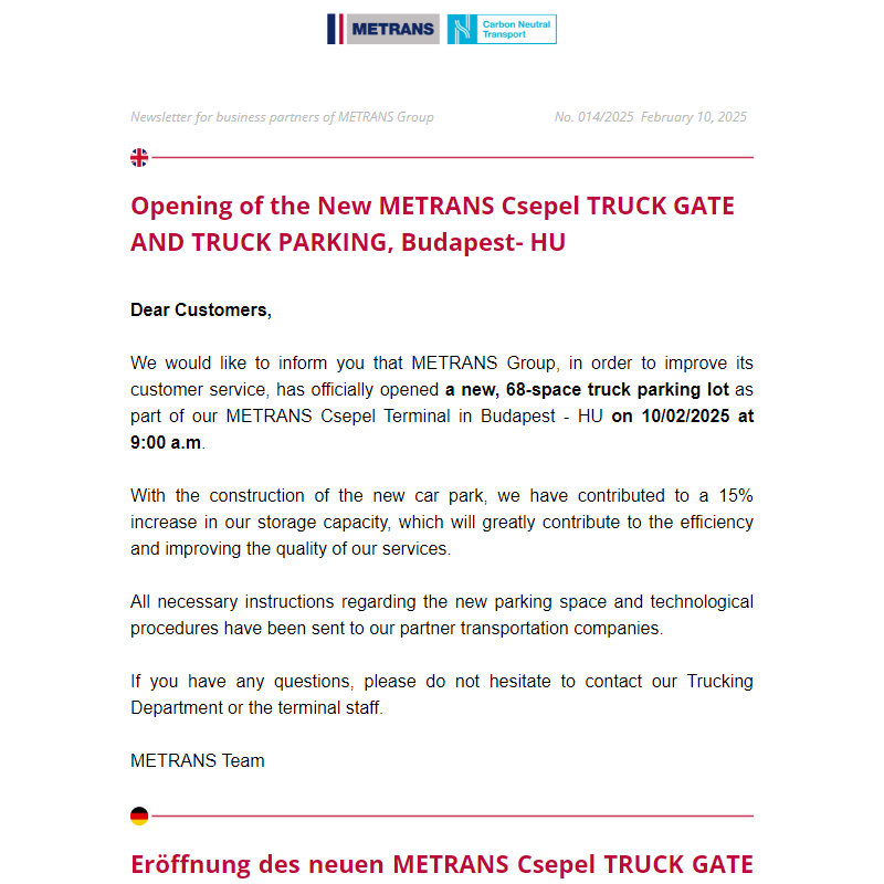 Newsletter for business partners of METRANS Group,  No. 014/2025, February 10, 2025