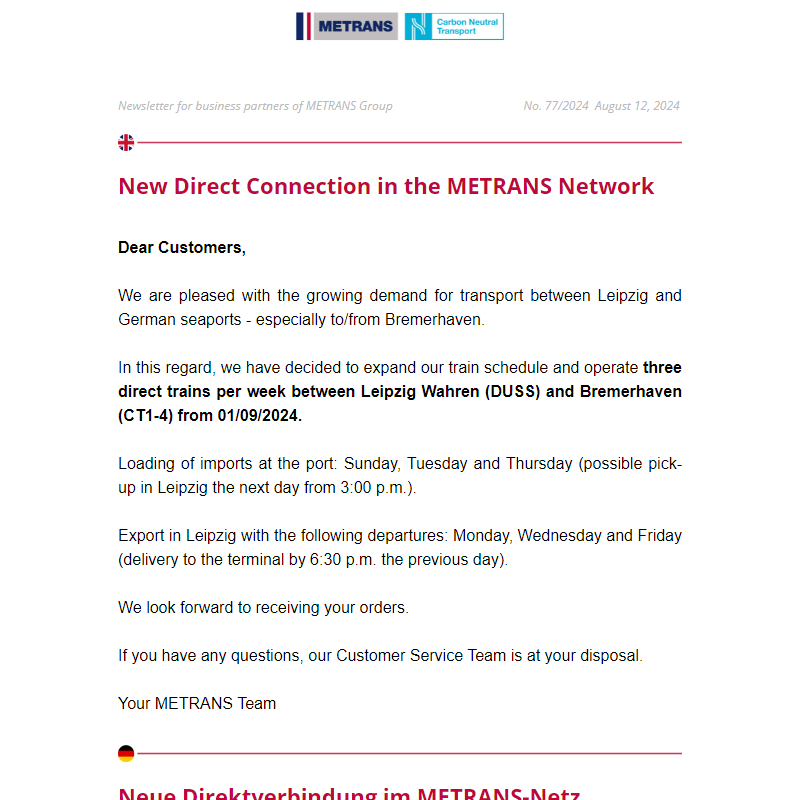 Newsletter for business partners of METRANS Group,  No. 77/2024, August 12, 2024