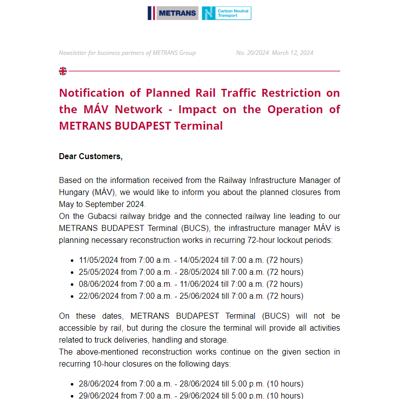 Newsletter for business partners of METRANS Group,  No. 20/2024, March 12, 2024