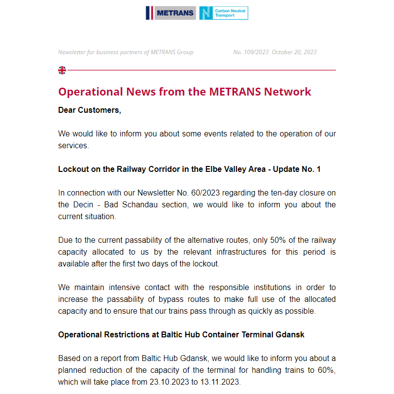 Newsletter for business partners of METRANS Group,  No. 109/2023, October 20, 2023