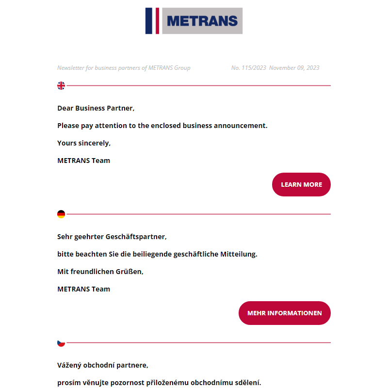 Newsletter for business partners of METRANS Group,  No. 115/2023, November 09, 2023