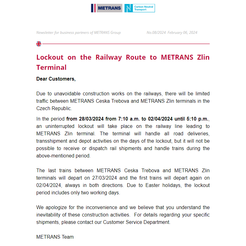 Newsletter for business partners of METRANS Group,  No. 08/2023, February 06, 2024