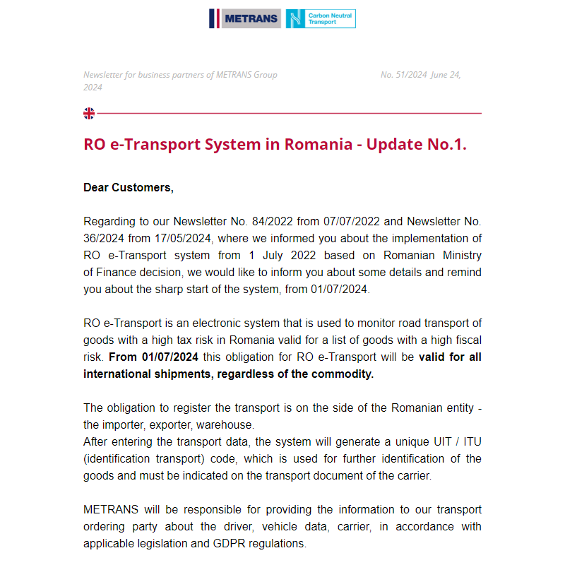 Newsletter for business partners of METRANS Group,  No. 51/2024, June 24, 2024