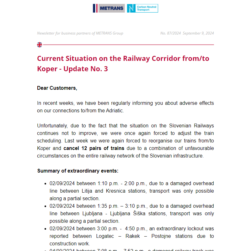 Newsletter for business partners of METRANS Group,  No. 87/2024, September 9, 2024