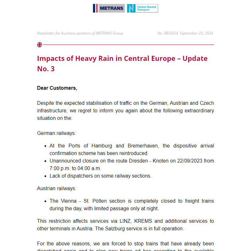 Newsletter for business partners of METRANS Group,  No. 98/2024, September 23, 2024