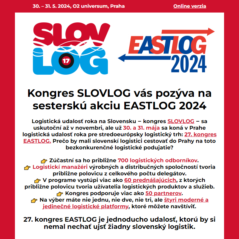 Slovenský logistický trh sa zíde 30. – 31. mája v Prahe na kongrese EASTLOG