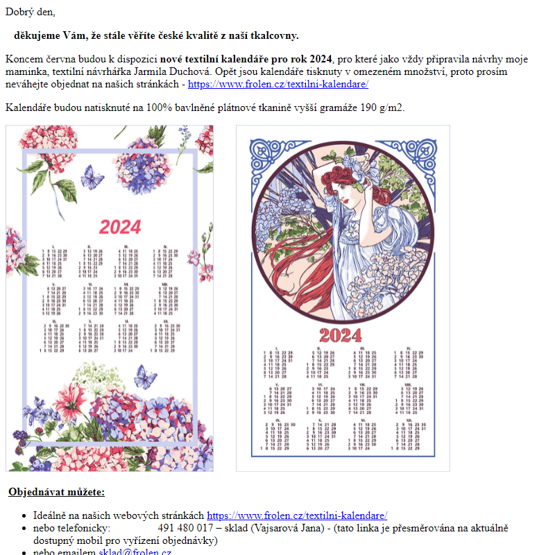 Textilní kalendáře 2024 - dekorace i utěrka