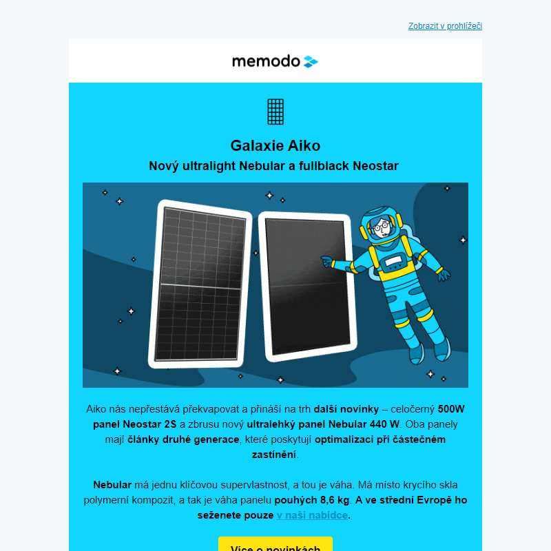 Výprodej skladu Memodo, Nové panely Aiko a pozvánka na Intersolar