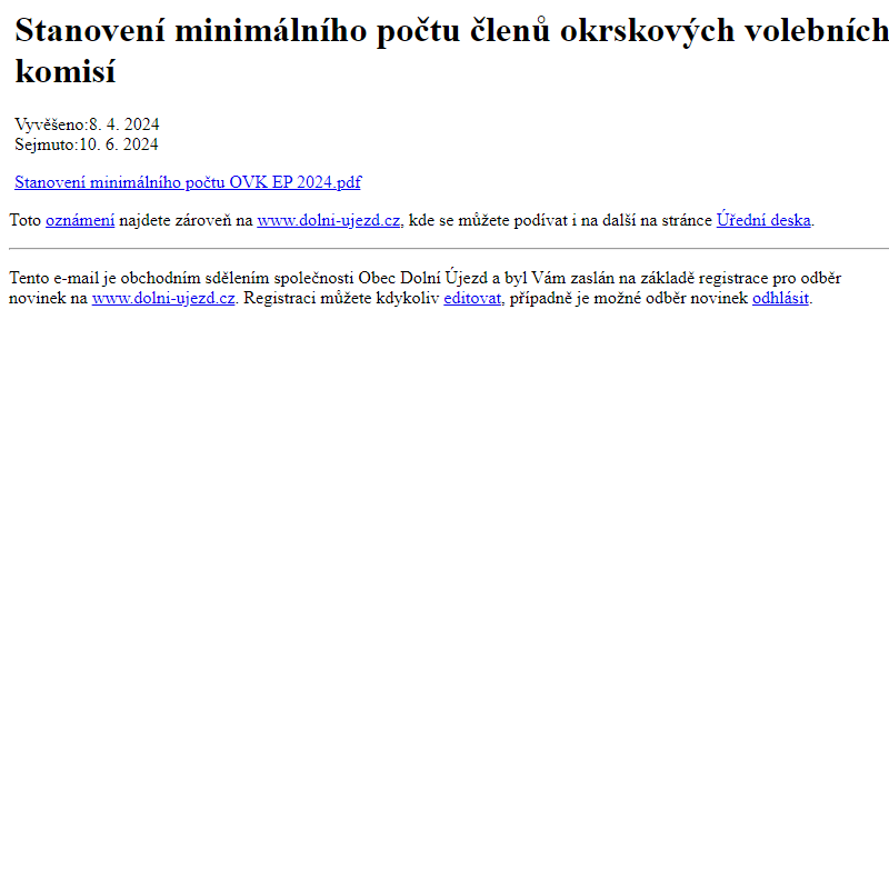 Na úřední desku www.dolni-ujezd.cz bylo přidáno oznámení Stanovení minimálního počtu členů okrskových volebních komisí