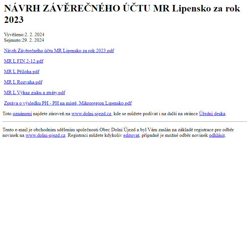 Na úřední desku www.dolni-ujezd.cz bylo přidáno oznámení NÁVRH ZÁVĚREČNÉHO ÚČTU MR Lipensko za rok 2023