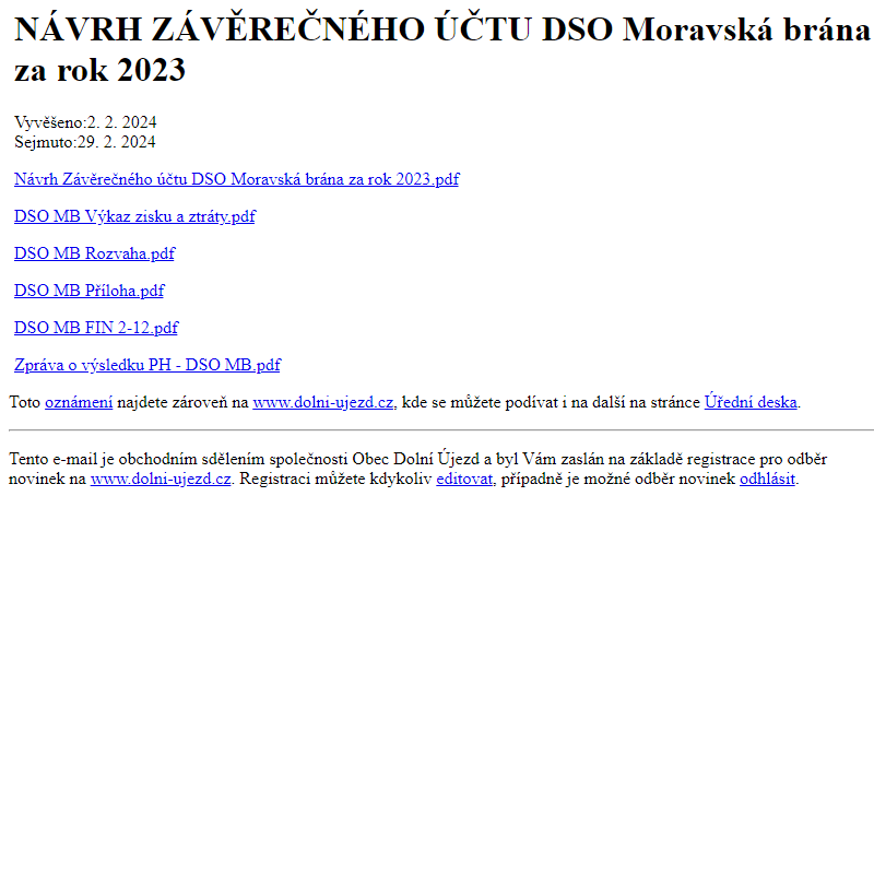 Na úřední desku www.dolni-ujezd.cz bylo přidáno oznámení NÁVRH ZÁVĚREČNÉHO ÚČTU DSO Moravská brána za rok 2023