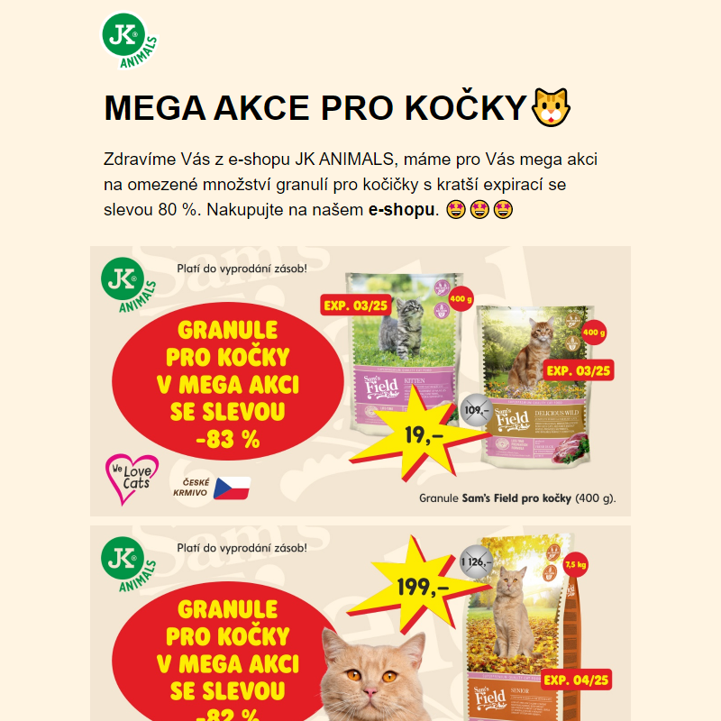 Mega akce na granule pro kočky se slevou 80 % _