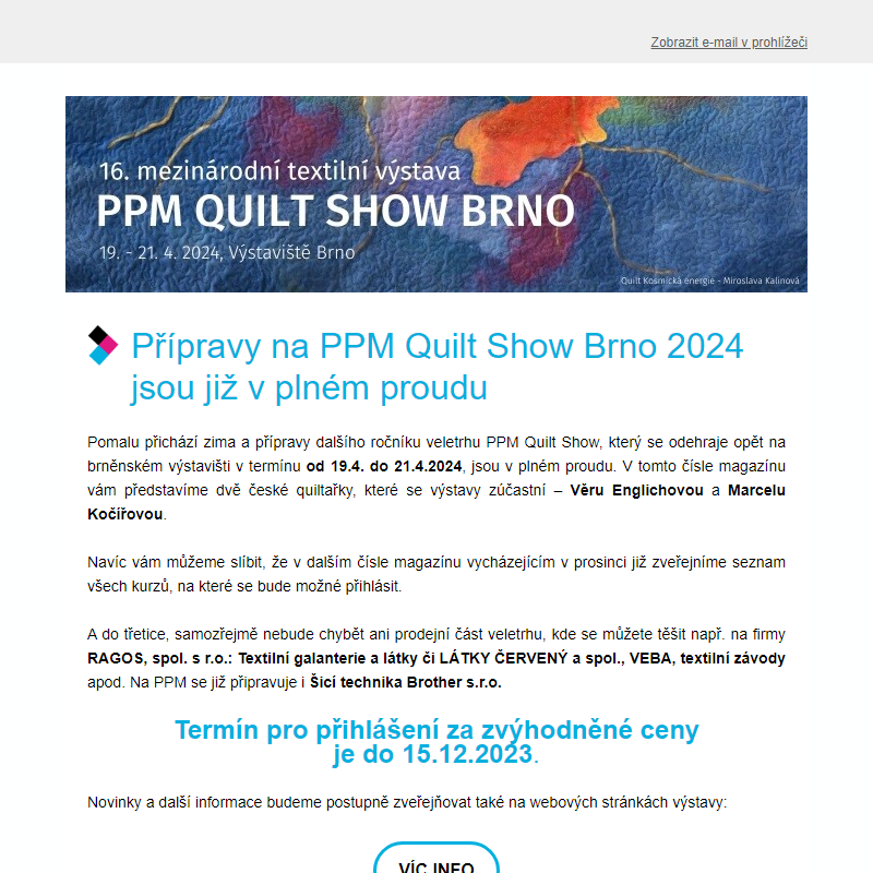 Přípravy na PPM Quilt Show Brno 2024 jsou již v plném proudu
