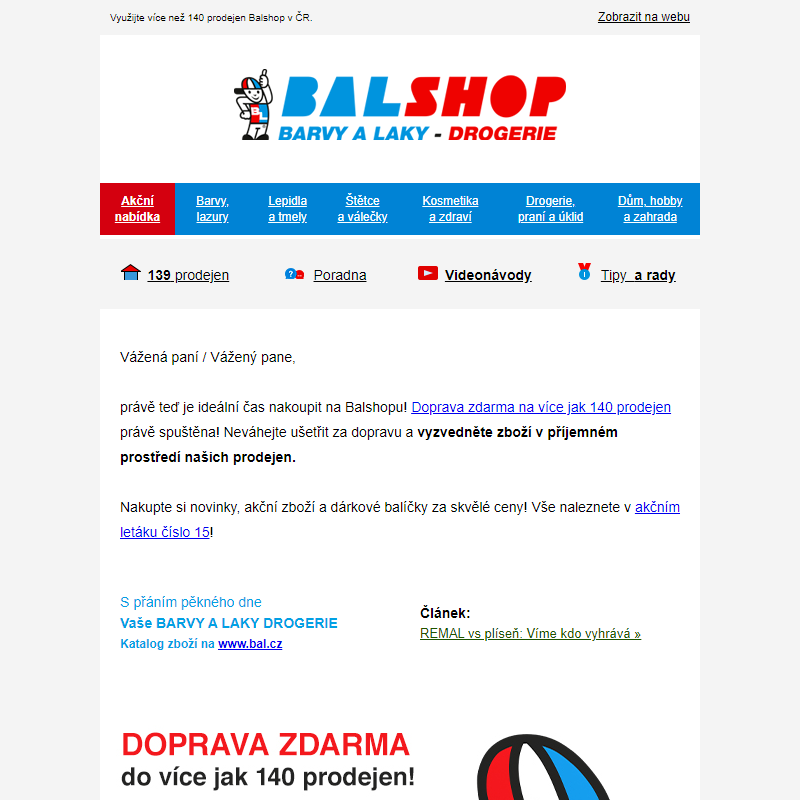 Doprava zdarma na více jak 140 prodejen Balshop